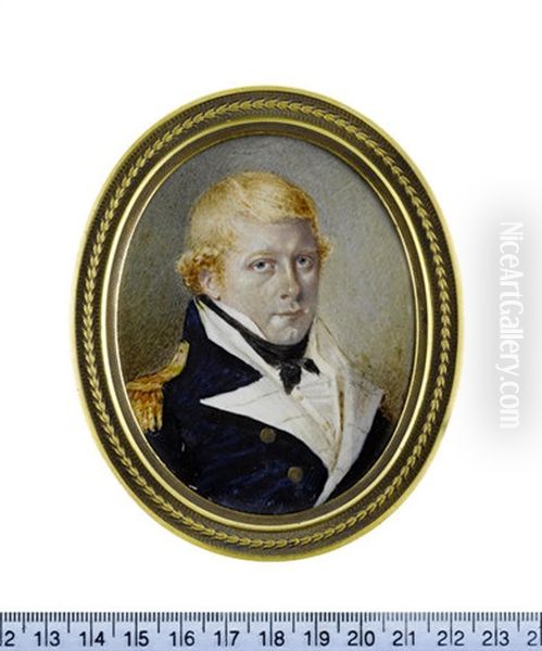 A Naval Officer, Wearing Blue Coat With White Facings And Gold Epaulettes, White Waistcoat With Gold Buttons, Frilled White Chemise, Black Stock And Tie - view 1