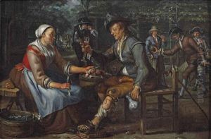 A Woman Offering An Onion And Herring To A Young Man Holding A Glass Of Beer, Others Smoking And Playing Skittles Behind Them