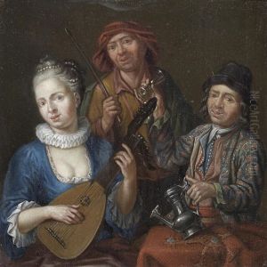 A Woman Playing A Lute, Seated At A Table With Others Drinking