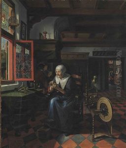 Interior With A Gentleman Smoking A Pipe And An Old Woman At Her Spinning Wheel