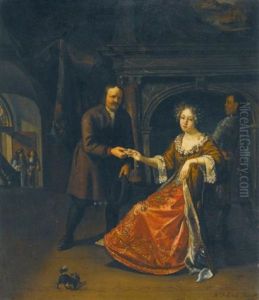 An Elegant Lady Seated In An Interior Receiving A Letter From A Footman by Matthys Naiveu
