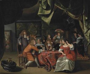 Elegantly Dressed Figures Playing Cards At A Draped Table In An Interior by Matthys Naiveu