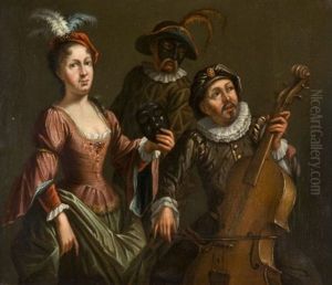 Personnages De La Comedia Dell'arte Et Joueur De Viole by Matthys Naiveu