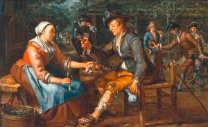 Dorfszene Mit Fischverkauferin Und Soldaten Beim Jeu-de-boule Spiel