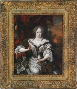 Bildnis Einer Vornehmen Dame Mit Einem Hundchen Auf Einer Schlossterrasse by Matthys Naiveu