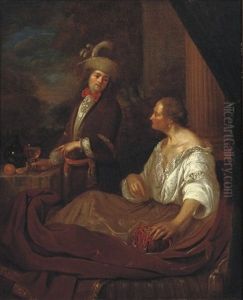 A Gentleman Visiting An Old Lady On A Terrace