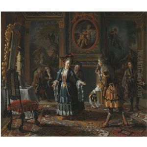 A Sumptuous Interior With An Elegantly Dressed Gentleman Paying Court To A Lady by Matthys Naiveu