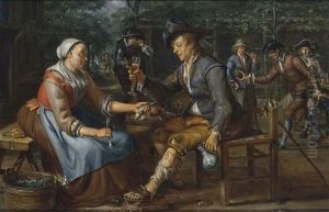 A Lady Offering A Herring And An Onion To A Soldier Holding A Glass Of Beer, Other Soldiers Playing Skittles Beyond