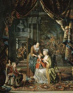 A Sumptuous Interior With A Lady Preparing To Nurse Her Baby, A Young Boy Playing Nearby by Matthys Naiveu