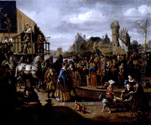 Carnival Scene In A Dutch Riverside Town, With Actors Performing, An Elegant Couple Promenading And A Young Child In A Cart Being Pulled By A Dog - view 1
