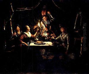 Nocturnal Scene With A Harlequin Surprising A Merry Company In A Curtained Interior