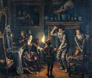 A Candle-lit Interior With A Harlequin Presented To A Lavishly Dressed Woman At Her Dressing Table