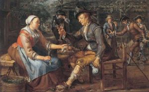 Figures Outside A Tavern, With A Lady Offering An Onion And Herring To A Young Man, Others Playing Skittles Beyond by Matthys Naiveu