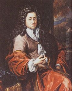 Portrait Of A Man Wearing An Aubergine Coat, White Cravat And Red Cloak, With A View Of A Mountainous Landscape Beyond
