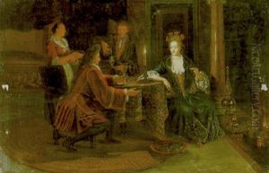 An Interior With An Elegant Couple Dining By Candlelight At A Rug-covered Table Before A Fire, Their Servants Beyond by Matthys Naiveu