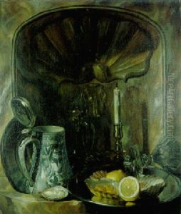 Flagon, Candlestick, Glass, & Lemon And Oysters On A Pewter Plate In A Wall Fountain