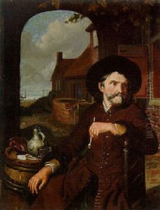A Man Seated In A Courtyard With A Pipe, A View To The Sea Through An Arch Beyond