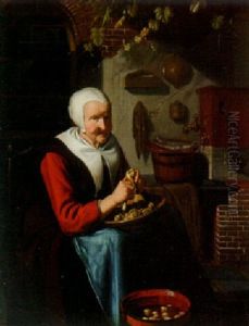 An Old Woman Seated In A Kitchen Peeling Potatoes by Matthys Naiveu