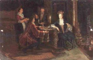 An Interior With A Couple Dining By Candlelight At A Table Before A Fire, Their Servants Beyond by Matthys Naiveu