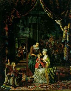 A Sumptuous Interior With A Lady Preparing To Nurse Her Baby, A Young Boy Playing Nearby