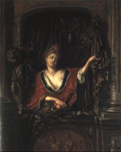 A Young Girl At A Window With A Basket Of Fruit And A Plate Of Oysters