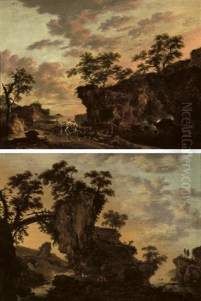 A Rocky Coastal Landscape With A Wooden Bridge And Horsemen In The Foreground (+ A Rocky River Landscape With An Elegant Hawking Party On A Path Near A Waterfall; Pair) - view 1