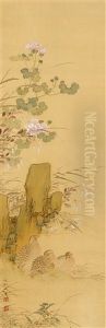 A Hanging Scroll Depicting Three Quails By A Rock Underneath Autumnal Flowers