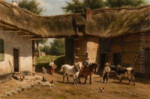A Chat On The Courtyard Of The Farmstead by Willem Carel Nakken