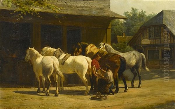 Shoeing Horses Outside A Stable - view 1