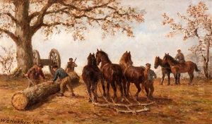 Tree Fellers With Workhorses And Logging Wheels by Willem Carel Nakken