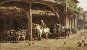 Donkeys And Horses Gathered Under A Shelter On A Summer's Day by Willem Carel Nakken