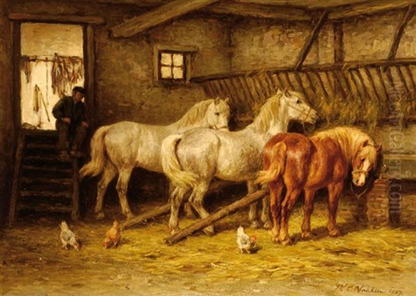 A Farmer With Three Horses And Chickens In A Barn - view 1