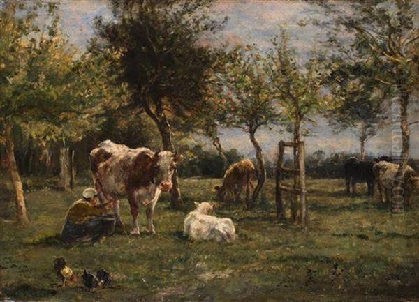 Melkerin Und Kuhe Unter Obstbaumen - view 1