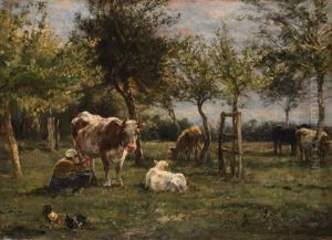Melkerin Und Kuhe Unter Obstbaumen by Willem Carel Nakken