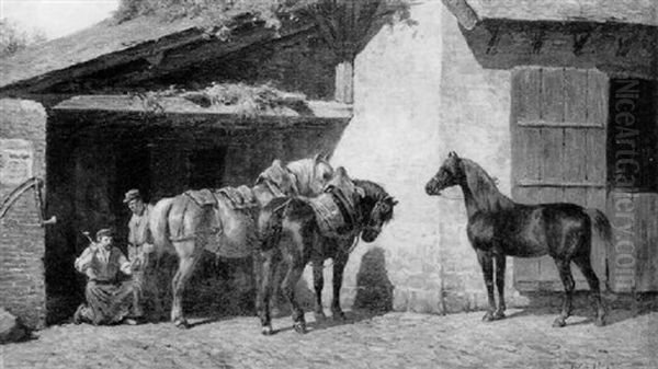 Chevaux Devant Le Marechal-ferrant - view 1