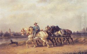 Farmer With Horses In The Fields by Willem Carel Nakken