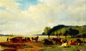 Horses And Carts And Cattle On A Riverbank