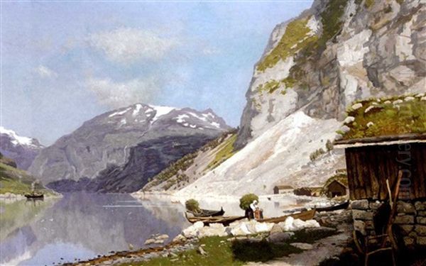 A Mother And Her Children On The Edge Of A Norwegian Fjord - view 1