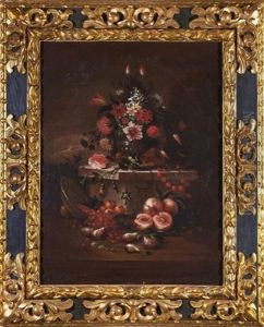 Vase De Fleurs Et Fruits Sur Fond De Paysage