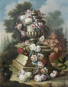 A Garland Of Flowers On A Sculpted Urn, In A Wooded Landscape by Giacomo Nani