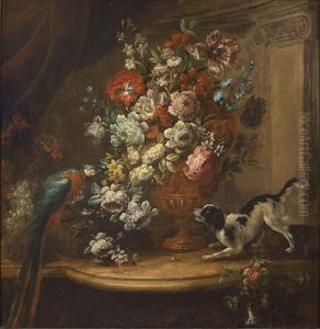 Roses, Tulips, Narcissi And Other Flowers In A Bronze Urn Along With A Spaniel And A Parrot