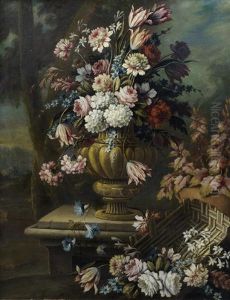 Tulips, Roses, Carnations And Other Flowers In A Bronze Urn On A Stone Plinth, With Roses, Chrysanthemums And Other Flowers In A Basket Before A Landscape