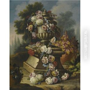 Still Life With A Garland Of Roses, Tulips, Carnations And Other Flowers, Draped Around A Stone Urn In A Landscape by Giacomo Nani