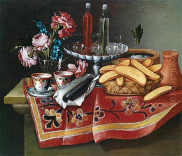 Stillleben Mit Blumen, Einer Aufsatzschale Mit Glasern Und Likorflaschen, Einem Eisbehalter, Porzellantassen, Blutwurst Und Brotkorb - view 1