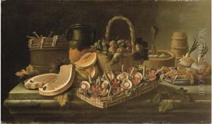 Cestino Con Ricci E Capesante, Cestino Di Fichi, Un Piatto Con Olive, Pere E Filetto Di Alici, Cipolle, E Meloni by Giacomo Nani