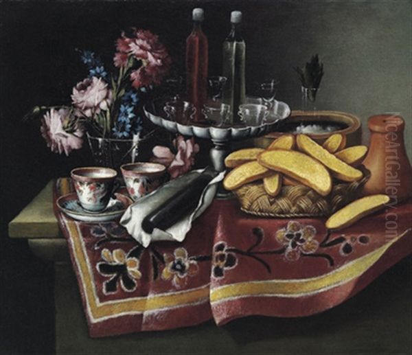 Natura Morta Con Fiori, Alzata Con Vetri E Liquori, Ghiacciaia, Ceramiche E Cesto Con Pane - view 1