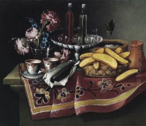 Natura Morta Con Fiori, Alzata Con Vetri E Liquori, Ghiacciaia, Ceramiche E Cesto Con Pane by Giacomo Nani