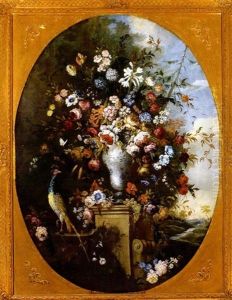 Mazzo Di Fiori In Vasi Di Porcellana Di Delft Con Un Fagiano ( + Another Similar: Pair)