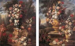 Roses, Parrot Tulips, Delphinia, Hydrangea And Other Flowers In A Porcelain Urn On A Plinth With Other Flowers In A Basket, In A Landscape by Giacomo Nani