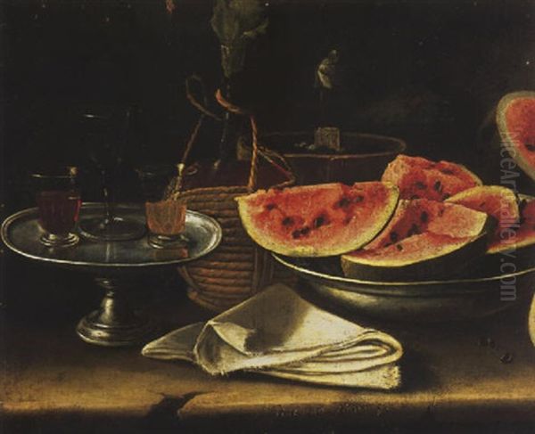 A White Napkin, Slices Of Watermelon, A Bottle And A Glass Of Red And White Wine On A Silver Tazza On A Stone Ledge - view 1